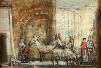 BOBERMAN Voldeman (1897-1977) Scène de village avec âne. Huile sur toile, signée...