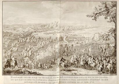 Pierre Le Grand Ensemble de quatre grandes gravures représentant des scènes de batailles,...