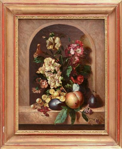Petronella van WOENSEL (Raalte 1785 - La Haye 1839) Bouquet de fleurs sur un entablement...