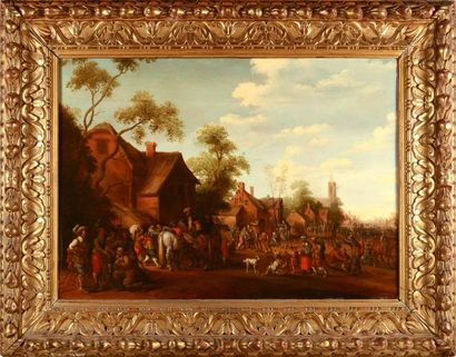 Joost Cornelisz. DROOCHSLOOT (Utrecht 1586 - 1666) Cavaliers dans un village Panneau...