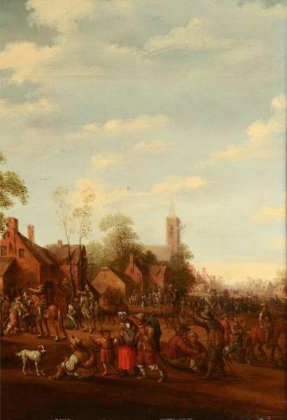 Joost Cornelisz. DROOCHSLOOT (Utrecht 1586 - 1666) Cavaliers dans un village Panneau...