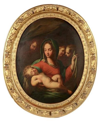 Ecole Italienne du XVIIIe siècle Vierge à l'enfant endormi entourée des anges, cadre...