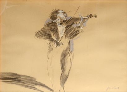 CLAUDE WEISBUCH (1927) Le violoniste Fusain et pastel signé en bas à droite. Esquisse...