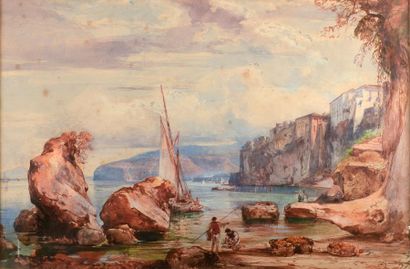 Giacinto Gigante (1806-1876) Le retour des pêcheurs dans le golfe de Naples Aquarelle...