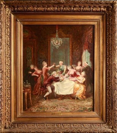 École du XIXe siècle Un banquet animé Huile sur toile. 65 x 54 cm. Rentoilée