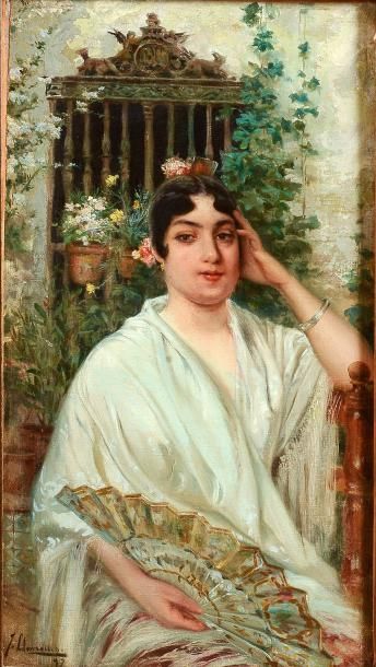 Joan LLAVERIAS (1865-1938) Espagnole à l'éventail Huile sur toile signée en bas à...