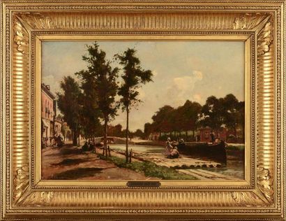 Johan Barthold JONGKIND (1819 - 1891) Chaland et radeau sur un canal bordé de maisons,...