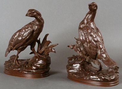 Jules moigniez (1835 - 1894) Couple de perdrix. Bronzes à patine brune signés sur...
