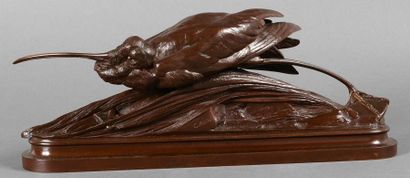 Auguste Nicolas CAIN (1822 - 1894) Ibis et grenouille. Rare bronze à patine brune....