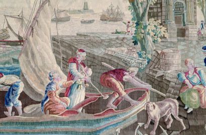 Aubusson XVIIIe siècle Tapisserie en laine et soie, représentant une scène de port...