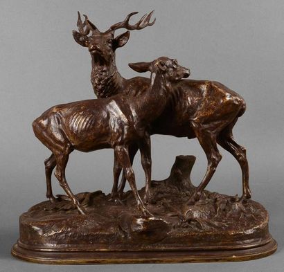 Alfred DUBUCAND (1828-1894) Cerf et biche Bronze à patine brune Fonte ancienne H.:...