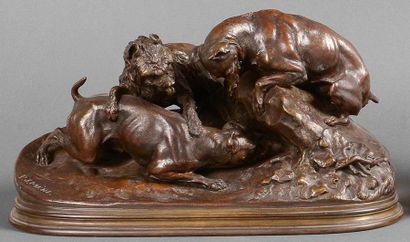 PIERRE JULES MÈNE (1810 - 1879) Trois chiens au terrier. Bronze à patine brune signé...