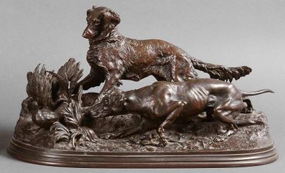 PIERRE JULES MÈNE (1810 - 1879) Chasse à la perdrix. Bronze à patine brune signé...