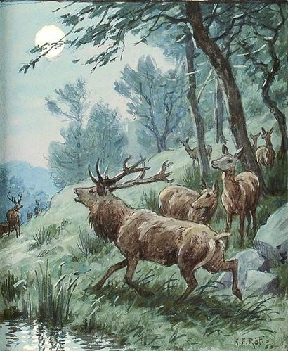 Georges Frédéric ROTIG (1873 - 1961) Cerfs au clair de lune. Aquarelle. Signée en...