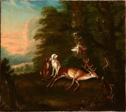 École FRANÇAISE du XVIIIe siècle Nature morte au cerf et aux perdrix Huile sur toile,...