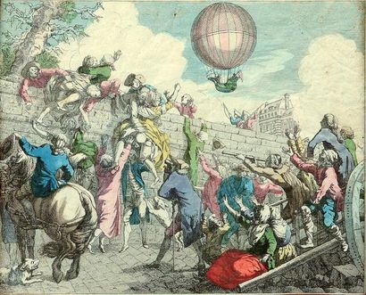 École FRANÇAISE du XVIIIe siècle Vue du Ballon à hydrogène de Jacques Charles et...