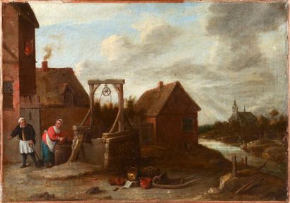 Thomas van APSHOVEN (Anvers 1622 - 1664) Couple près d'un puits Toile 41 x 58,5 cm...
