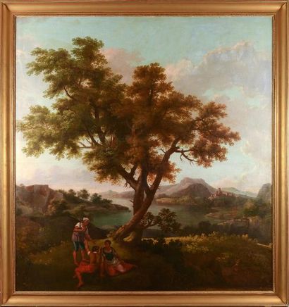 École ROMAINE du XVIIIe siècle Le repos des paysans près d'un arbre Toile marouflée...