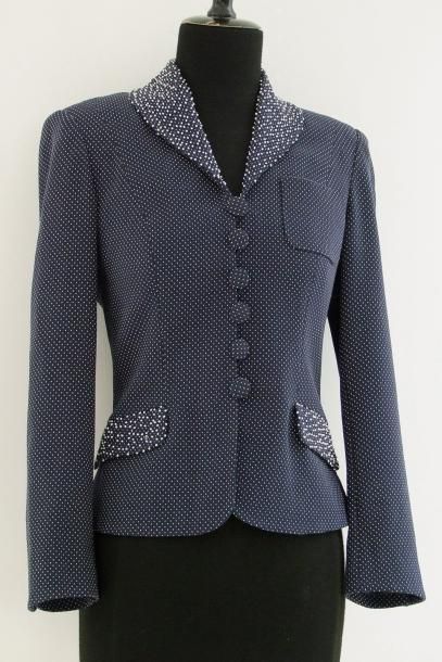 ROCHAS Veste en laine jacquard marine a fils blancs, doublée de soie, col châle et...