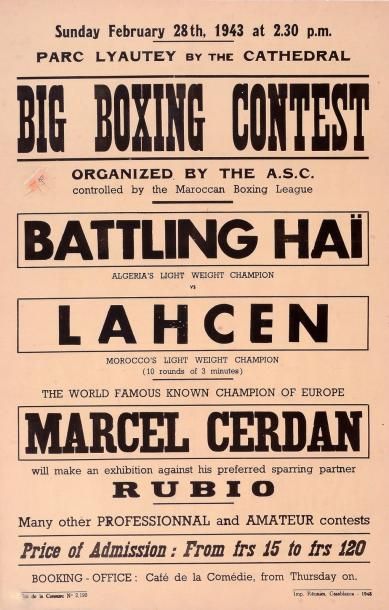 null Affiche du Big Boxing Contest le 28 fevrier 1943 au Maroc avec un combat exhibition...