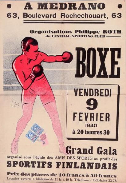 null Affiche du grand Gala de Boxe au cirque Medrano le 9 fevrier 1940 au profit...