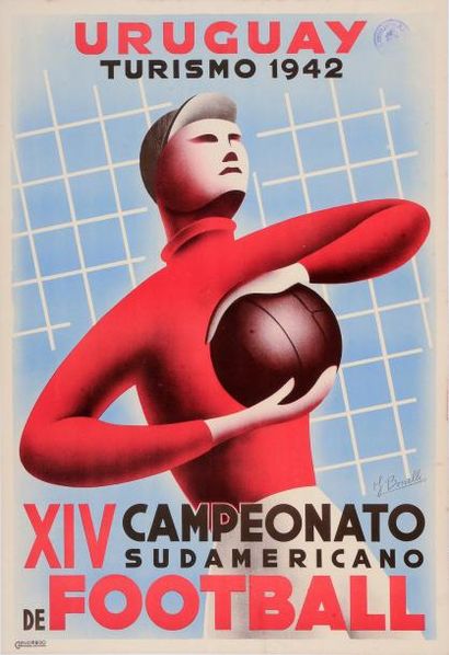 null Affiche du XIV Championnat Sud Américain de football en 1942 en Uruguay. Signée...