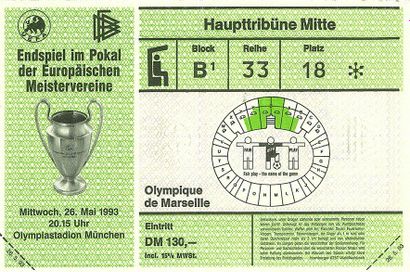 null Billet de la finale de la ligue des Champions 1993 entre l'Olympique de Marseille...