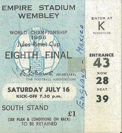 null Billet officiel du 8ème de finale de la Coupe du Monde 1966 entre l'Angleterre...