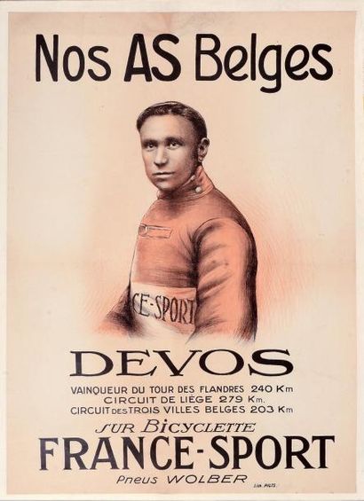null Affiche «Nos As Belges» avec en illustration Devos et son palmarès sur Bicyclette...