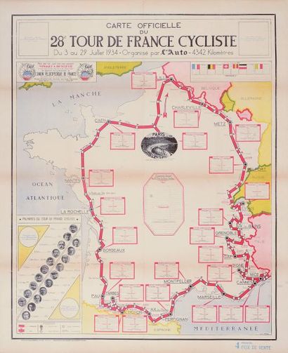null Affiche «L'Auto». Parcours du 28ème Tour de France en 1934. Avec en vainqueur...