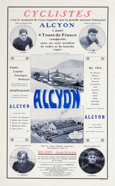 null Affiche promotion des cycles Alcyon avec en médaillon Faber le vainqueur du...