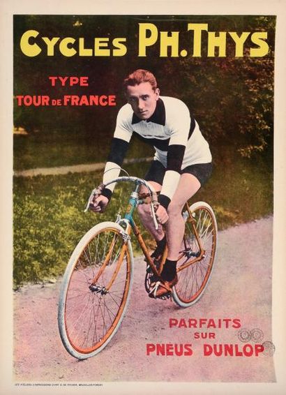 null Affiche des cycles PH. Thys sur bicyclette type Tour de France. Dim. 58 x 78...