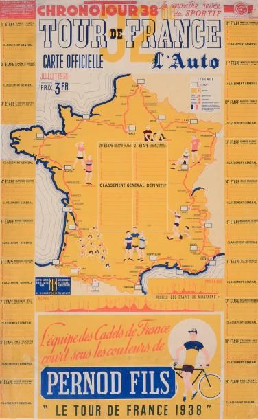 null Affiche l'Auto de la carte officielle du Tour de France 1938. Dim 60 x 93 cm....