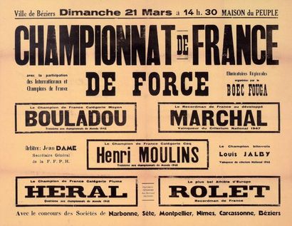null Affiche des Championnats de France de force (haltérophilie) à Béziers en 1948...