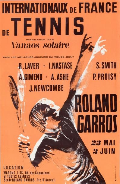null Affiche des Internationaux de France de Tennis 1972 à Roland Garros avec Laver,...