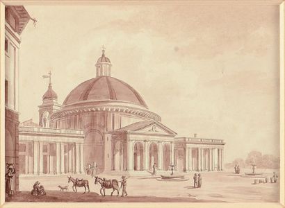 Pavel Svinine (1788-1839) «Place animée» Lavis d'encre de chine. 18 x 24 cm.