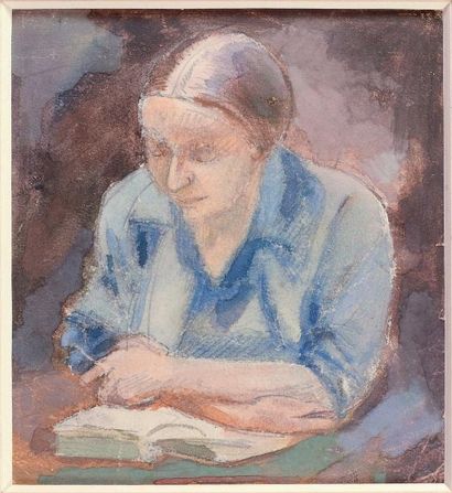 L Jeguine «Femme à la lecture» Aquarelle signée en bas à droite. 23 x 20 cm.