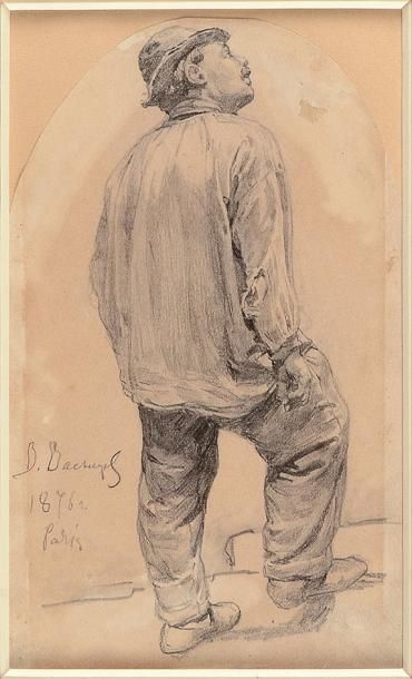 Victor Vasnetsov (1848-1926) «Homme à la blouse» dessin à la mine de plomb signé...