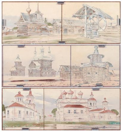 ÉCOLE RUSSE «Architectures» Suite de 3 aquarelles datées de 1966. 17 x 47 cm. ch...