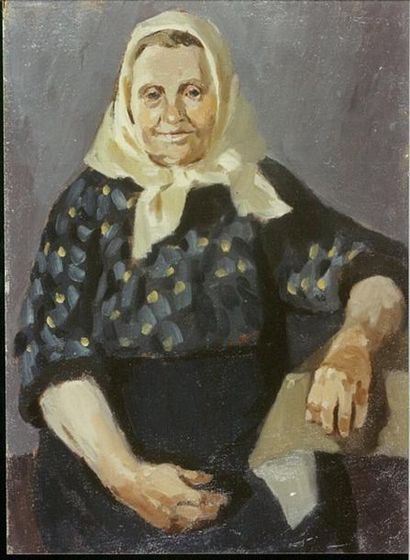 KRAJEWSKA Helena (1910-1988) La grand-mere (Babcia) Huile 36 X 26 cm Carton