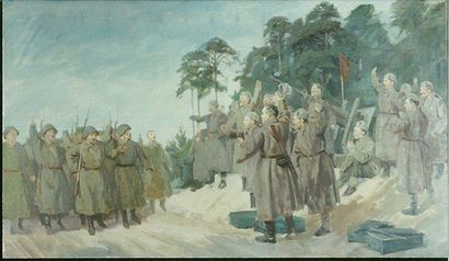 KRAJEWSKI Julius (1905-1992) Arrivee des soldats de Ko.ciuszkoa Lenino (Przybycie...