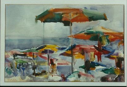 DELEKTA-WICINSKA Iza (1921-) Parasols (Parasole) Aquarelle 57 X 37 cm