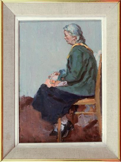 ÉCOLE RUSSE «Femme assise» Huile sur toile signée en bas à droite et datée 1956....