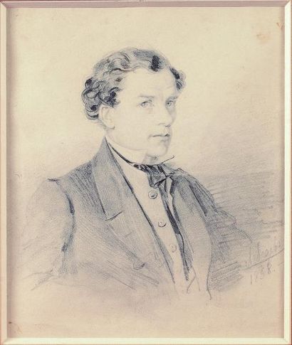 ÉCOLE RUSSE «Portrait d'homme» Dessin à la mine de plomb signé et daté 1858. 24 x...