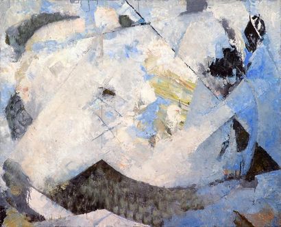 ATELIER CALMETTES Nature morte, bleu et blanc. Huile sur toile. 81 x 100 cm.