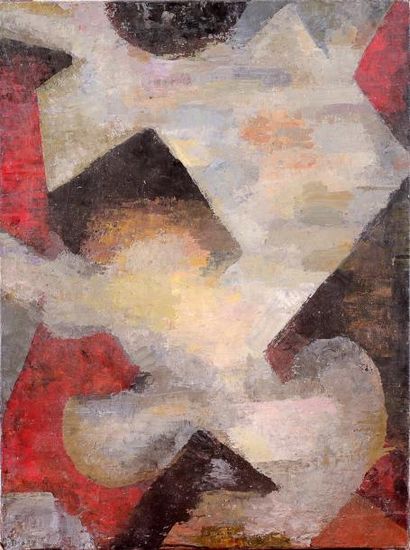 ATELIER CALMETTES Composition, rouge et gris. Huile sur toile. 81 x 60 cm.