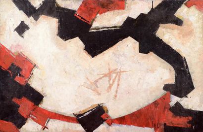 ATELIER CALMETTES Composition, blanc, rouge et noir. Huile sur toile. 61 x 92 cm...