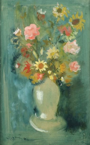 Sylvain VIGNY «Bouquet de fleurs» gouache signée en bas à gauche. 48 x 30 cm.