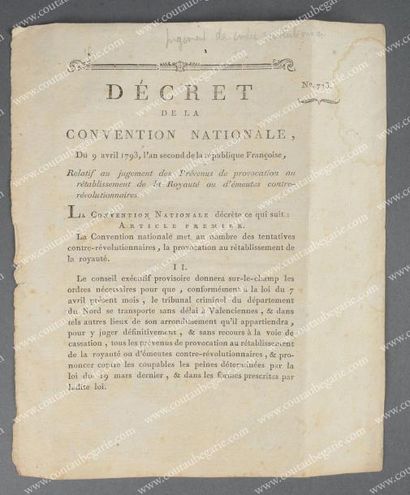 null Louis XVI, roi de France. Décret de la Convention Nationale, daté du 9 avril...