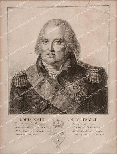 null Louis XVIII, roi de France. Gravure représentant le roi en buste, surmontant...